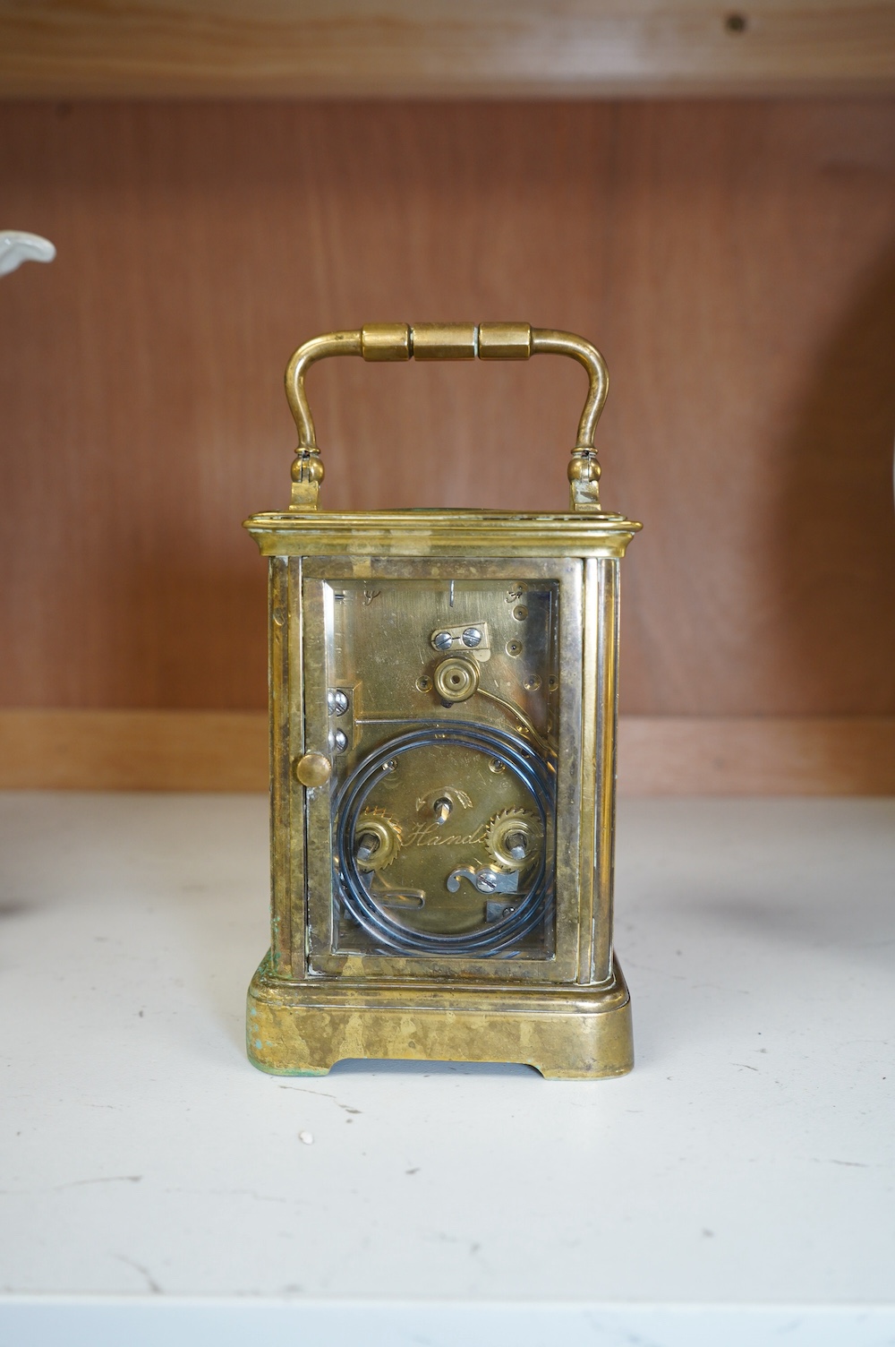 A late 19th century French brass cased eight day carriage clock, 11cm high. Condition - fair, would benefit from a clean, not tested